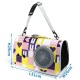 Bunte Haustiertragetasche mit einer Netzseite, ausgestattet mit einem verspielten Muster aus Herzen, Hasen und Eiern, mit angegebenen Abmessungen.