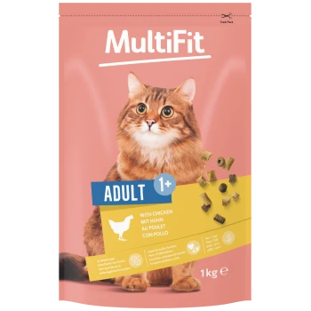MultiFit-Katzenfutterbeutel mit orangefarbenem Kater, Aufschrift 'ADULT 1+ Mit Huhn' und Gewichtsangabe '1 kg'