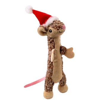 Plush mouse dog toy with curly brown fur, beige belly, pink tail, and red Santa hat with white trim.