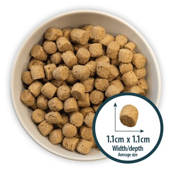 Bowl filled with small, brown pet food kibble, with an inset showing average size of 1.1cm x 1.1cm.
