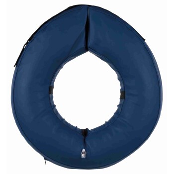 Navy blue inflatable pet recovery collar with air valve, zipper and black straps