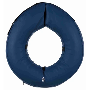 Navy blue inflatable pet recovery collar with air valve, zipper and black straps