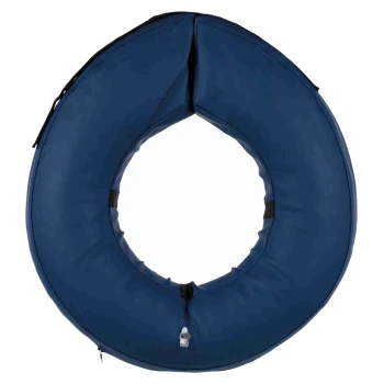 Navy blue inflatable pet recovery collar with air valve, zipper and black straps