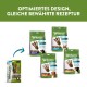 Verpackung von Whimzees Daily Dental Treats in grün, die verschiedene Hunderassen zeigt und deutschen Text enthält: "Optimiertes Design, gleiche bewährte Rezeptur."