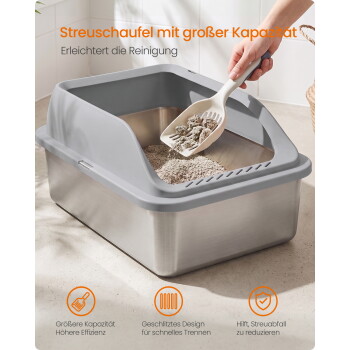 Graue Edelstahl-Katzentoilette mit Schaufel und verklumpter Einstreu; sichtbarer Text: „Streuschaufel mit großer Kapazität“.