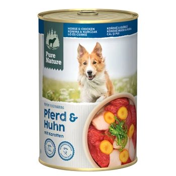 Nourriture pour animaux en conserve étiquetée "Pferd & Huhn mit Karotten" présentant de la viande de cheval et de poulet avec des carottes, de la marque Pure Nature.