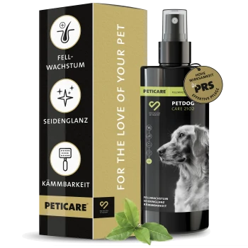 Eine Sprühflasche mit dem Etikett 'PETDOG CARE 2102' und einem Profilbild eines Golden Retrievers, mit Text über Fellwachstum und Pflege.