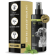Eine Sprühflasche mit dem Etikett 'PETDOG CARE 2102' und einem Profilbild eines Golden Retrievers, mit Text über Fellwachstum und Pflege.