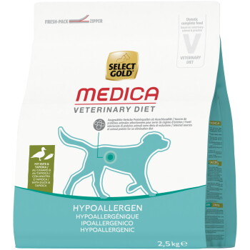 Sac de nourriture hypoallergénique Select Gold Medica Veterinary Diet pour chiens, canard & tapioca, 2,5 kg, silhouette de chien turquoise