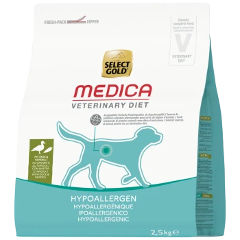 Sac de nourriture hypoallergénique Select Gold Medica Veterinary Diet pour chiens, canard & tapioca, 2,5 kg, silhouette de chien turquoise