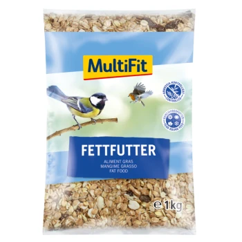 1kg bag of MultiFit bird fat food, with blue tit and robin images, labeled "FETT FUTTER" and translations in French and Italian.