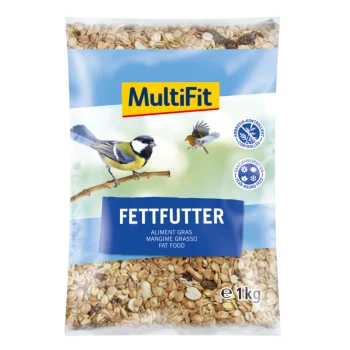 1kg bag of MultiFit bird fat food, with blue tit and robin images, labeled "FETT FUTTER" and translations in French and Italian.