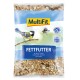 1kg bag of MultiFit bird fat food, with blue tit and robin images, labeled "FETT FUTTER" and translations in French and Italian.