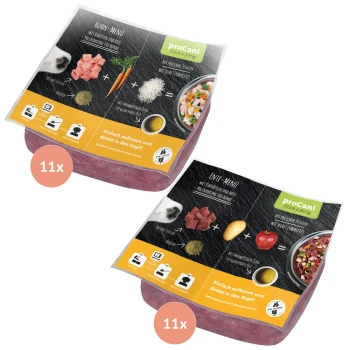 Zwei proCani Haustierfutterpakete mit den Bezeichnungen "Huhn-Menü" und "Ente-Menü", die Huhn und Ente mit Reis und Karotten enthalten.