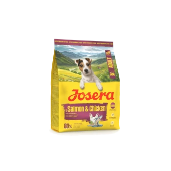 Gelbe Josera-Hundefuttertüte: 'Lachs & Huhn' Adult Mini, 80% Protein, 'Sauce'-Label, Welpen- und Landschaftsillustration.