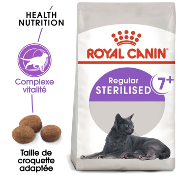 Nourriture pour chat Royal Canin Regular Sterilised pour 7 ans et plus, présentant un chat noir, des morceaux de croquettes et des allégations nutritionnelles pour la santé.