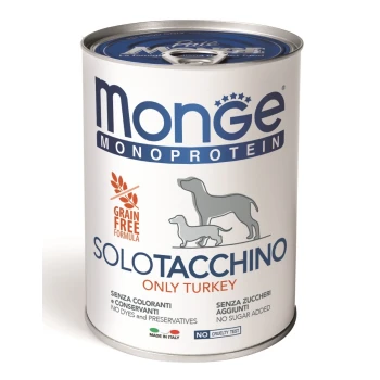 Dose Monge Monoprotein Hundefutter, "Solotacchino Only Turkey", getreidefrei, mit Hundillustrationen und "Keine Farbstoffe, Konservierungsstoffe oder Zucker."