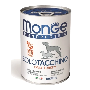 Dose Monge Monoprotein Hundefutter, "Solotacchino Only Turkey", getreidefrei, mit Hundillustrationen und "Keine Farbstoffe, Konservierungsstoffe oder Zucker."
