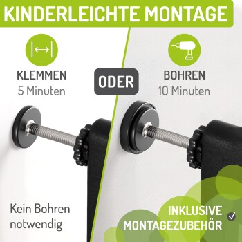 Bild eines Wandmontagesystems mit zwei Optionen: "Klemmen" (5 Min) und "Bohren" (10 Min), ohne Bohren erforderlich und Zubehör enthalten.