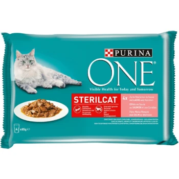 Emballage de nourriture pour chats Purina ONE Sterilcat présentant un chat gris à côté d'un bol de nourriture humide, étiqueté avec "Santé Visible pour Aujourd'hui et Demain."