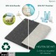 Graue Haustiermatte mit der Angabe 50% Schafswolle und 50% PET‑Flaschen, Schaf- und Plastikflaschen‑Symbole und Text 'HELFEN SIE MIT'.