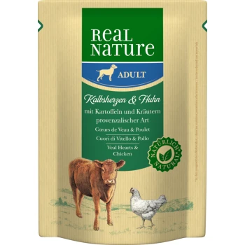 Real Nature dog food packaging featuring "Adult" formula with veal hearts and chicken, including potatoes and Provençal herbs.