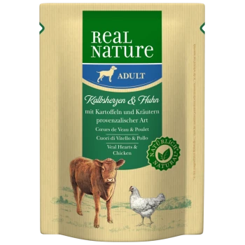 Real Nature dog food packaging featuring "Adult" formula with veal hearts and chicken, including potatoes and Provençal herbs.