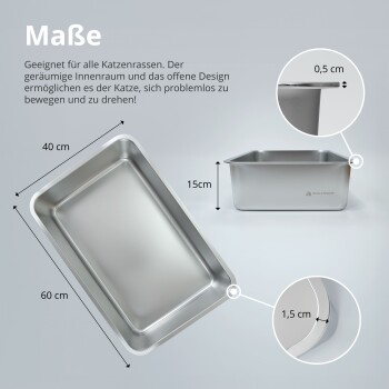 Edelstahl Katzenstreu-Box mit den Abmessungen: 60 cm x 40 cm x 15 cm, mit einem offenen Design für einfache Bewegung.