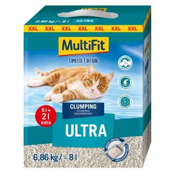 MultiFit cat litter box showing reclining orange-white cat, "Limited Edition", "Clumping ULTRA", 6,86 kg.