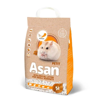 Braune Papiertüte mit Asan ökologischer Streu für kleine Nagetiere, mit einem niedlichen Hamsterbild, "SUPER SOFT" Etikett und 5L Größe.