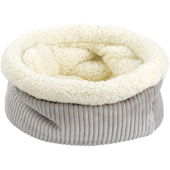 Weiches rundes Haustierbett mit grauem Cordaußenstoff und plüschigem cremefarbenem Fleece-Innenfutter.