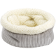 Weiches rundes Haustierbett mit grauem Cordaußenstoff und plüschigem cremefarbenem Fleece-Innenfutter.
