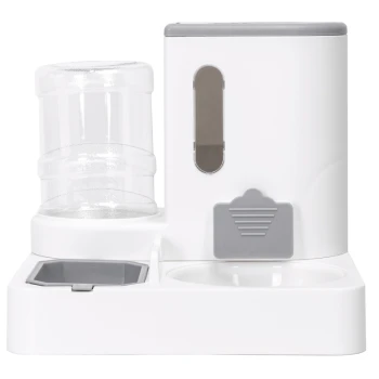 Automatischer Haustierfutterspender mit einem transparenten Wassertank, einem Futterfach und zwei Schalen, in Weiß und Grau gestaltet.