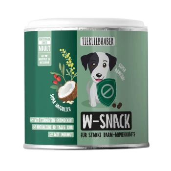 Grüner "W-SNACK" Behälter mit pinkem Boden, der 350g (ca. 210 Stück) Tierleckerlis hält, verziert mit Pfotenabdrücken und Lebensmittelikonen.