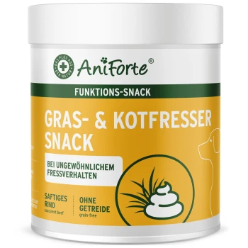 Behälter von AniForte "Gras- & Kotfresser Snack" für Hunde, getreidefrei, mit einem gelben Design und Hundesilhouette.