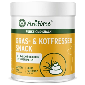 Behälter von AniForte "Gras- & Kotfresser Snack" für Hunde, getreidefrei, mit einem gelben Design und Hundesilhouette.