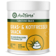 Behälter von AniForte "Gras- & Kotfresser Snack" für Hunde, getreidefrei, mit einem gelben Design und Hundesilhouette.