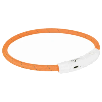 Un collier LED orange pour chien avec une unité de contrôle blanche, comportant un bouton d'alimentation et un port de chargement.