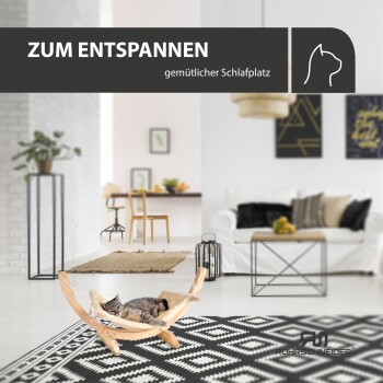 Eine entspannte Katze liegt in einer gemütlichen Hängematte in einem stilvollen Wohnzimmer. Text: "ZUM ENTSPANNEN gemülicher Schlafplatz."