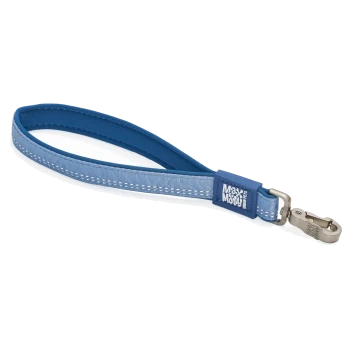 Blaue gepolsterte Handgelenksleine mit reflektierender Naht, Metall-Drehverschluss und 'Max & Molly'-Etikett.