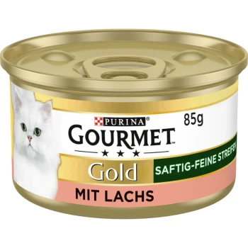 Gold Saftig-feine Streifen 12x85g Lachs Purina Gourmet Gold Katzenfutterdose, 85 g, mit einer weißen Katze auf dem Etikett, mit dem Text "Mit Lachs", der auf den Lachsgeschmack hinweist.