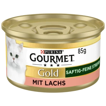 Purina Gourmet Gold Katzenfutterdose, 85 g, mit einer weißen Katze auf dem Etikett, mit dem Text "Mit Lachs", der auf den Lachsgeschmack hinweist.