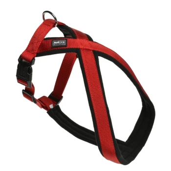 Harnais pour animaux de compagnie rouge et noir réglable avec des sangles rembourrées et un anneau en D en métal pour attacher la laisse.