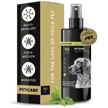 Schwarze Sprühflasche mit der Aufschrift "PETDOG PROTECT 280g" mit dem Profil eines Hundes, mit einem grünen Blatt und einem Etikett, das "HOHE WIRKSAMKEIT" angibt.