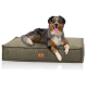 Ein glücklicher Australian Shepherd Hund, der auf einem grünen Cord-Haustierbett mit einem Lederetikett, das "KNUFFELWUFF" liest, entspannt.