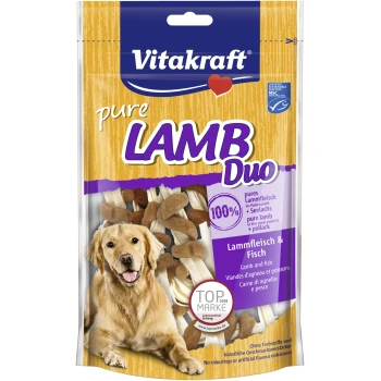 Vitakraft pure Lamb Duo Haustier-Leckerlis-Packung mit einem Golden Retriever, mit Text, der 100% Lamm- und Fischzutaten hervorhebt.