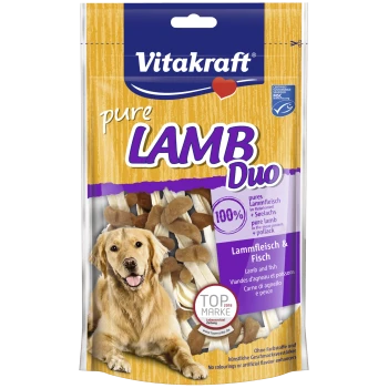 Vitakraft pure Lamb Duo Haustier-Leckerlis-Packung mit einem Golden Retriever, mit Text, der 100% Lamm- und Fischzutaten hervorhebt.