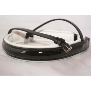 Schwarzes Leder-Haustierhalsband mit glänzender Oberfläche und weißer Polsterung, ausgestattet mit einer silbernen Schnalle zur Anpassung.