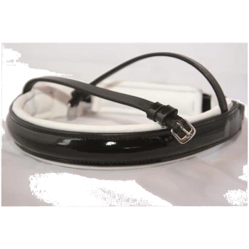 Schwarzes Leder-Haustierhalsband mit glänzender Oberfläche und weißer Polsterung, ausgestattet mit einer silbernen Schnalle zur Anpassung.