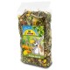 A clear bag of colorful dried herbs and flowers for pets, labeled "JR FARM Kräuter-Spezial," with a cartoon rabbit and dog.